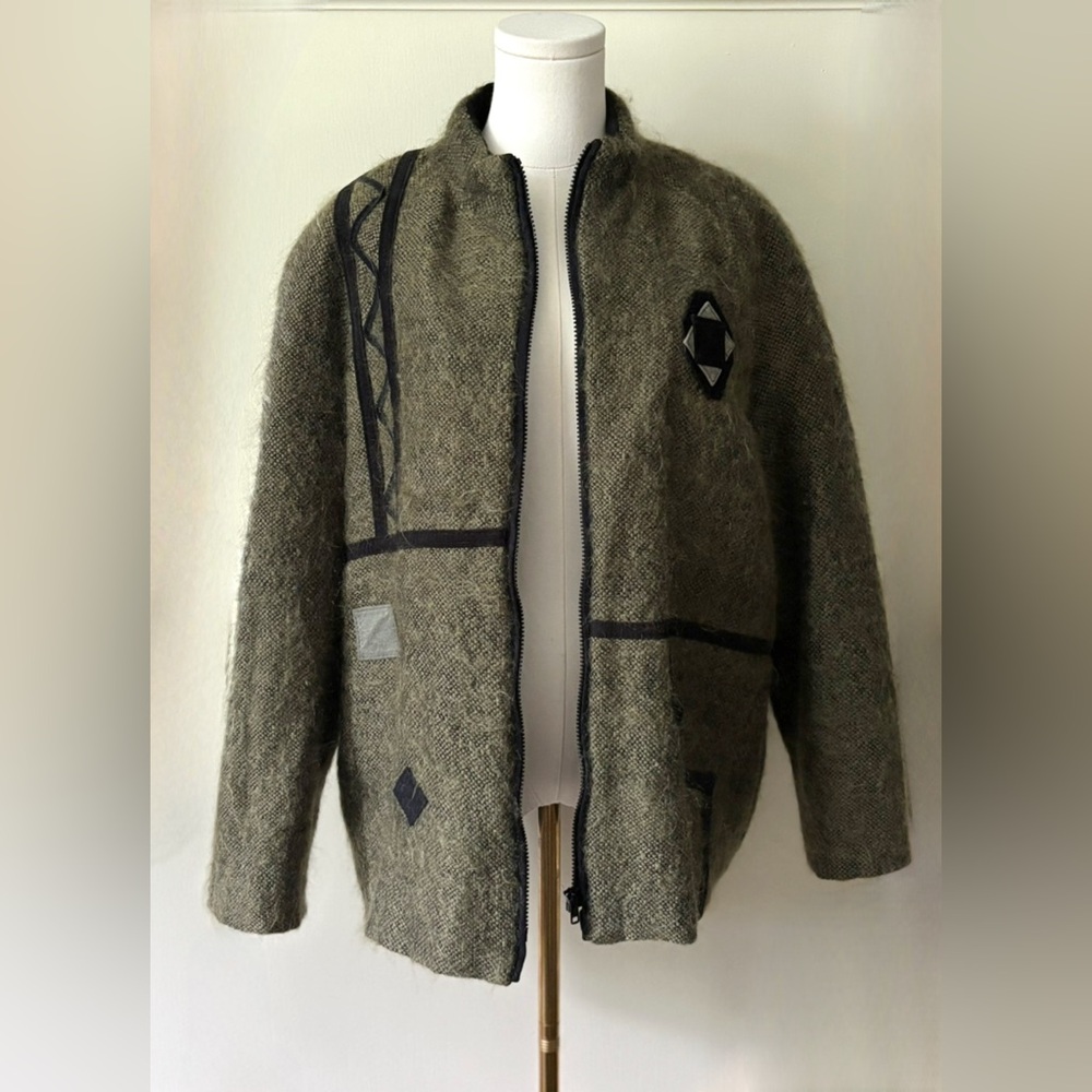 Vintage 80s Canadian Green Wool Mohair Artistic Bohemian Funky Appliqué Coat - Picture 5 of 12